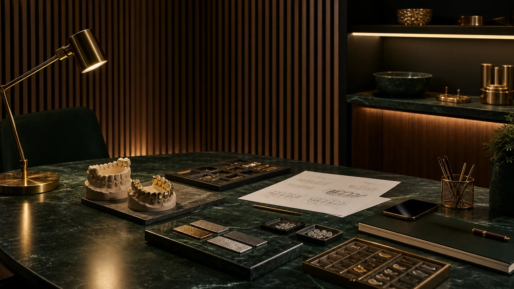 Athena Grillz consultation desk with dental moulds and metal samples