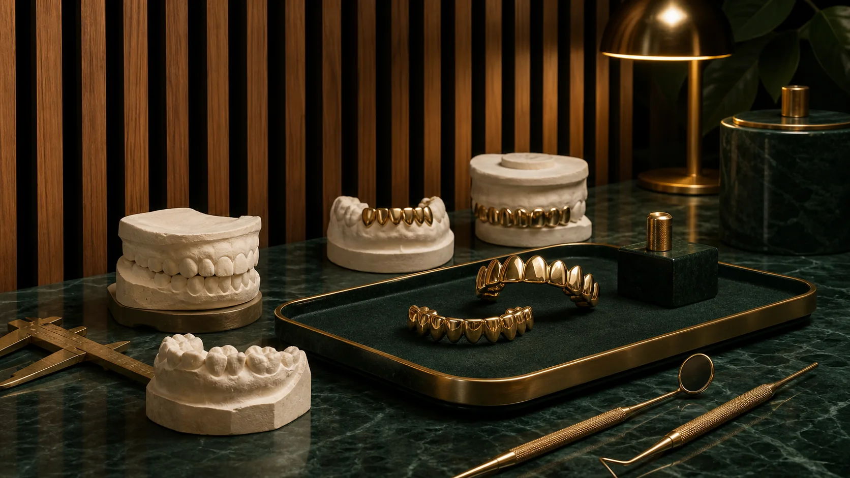 Dental moulds and custom grillz fitting tools on an emerald workbench